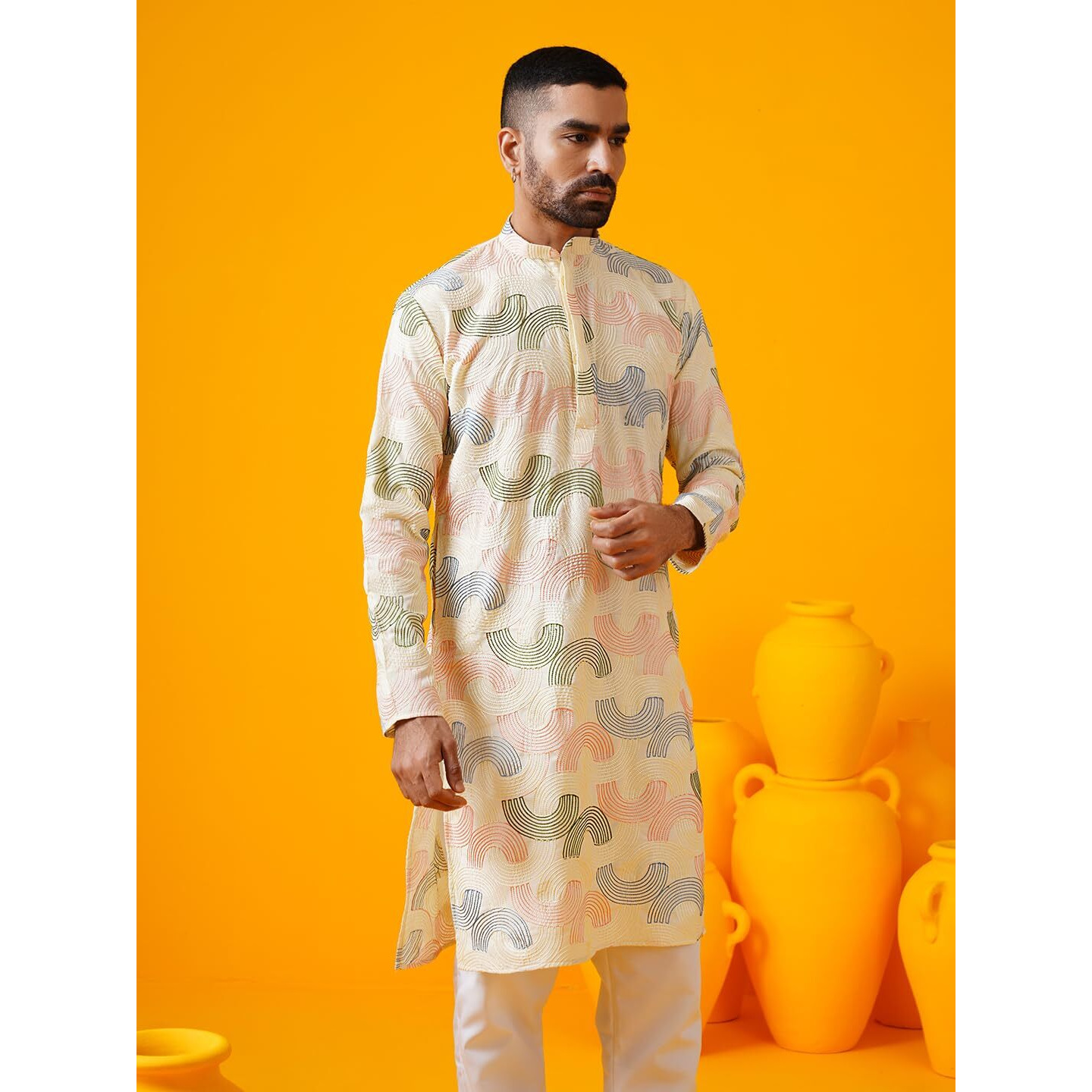 Sojanya (Since 1958 Men's Cotton Silk Multi Thread Embroidered Cream Long Kurta