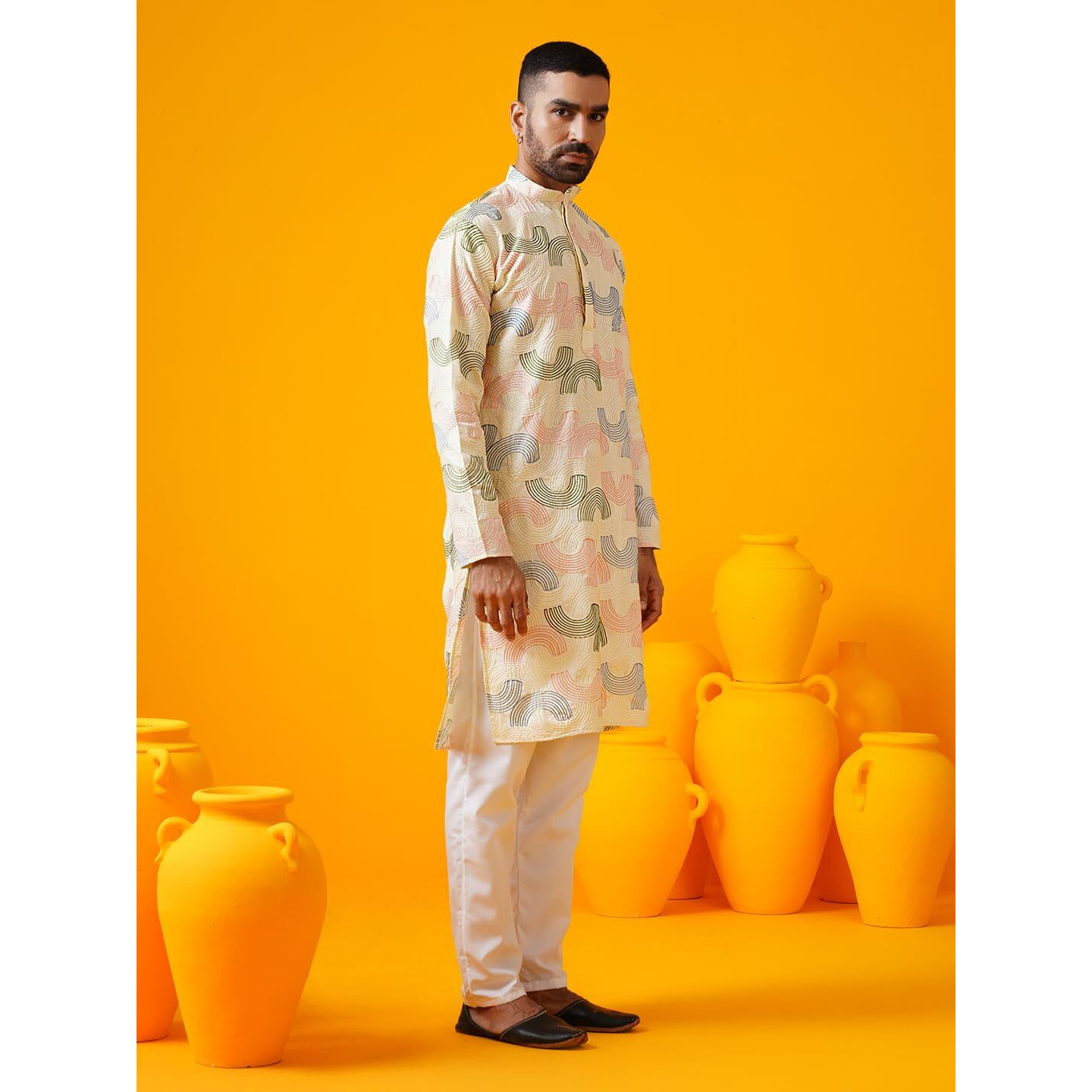 Sojanya (Since 1958 Men's Cotton Silk Multi Thread Embroidered Cream Long Kurta