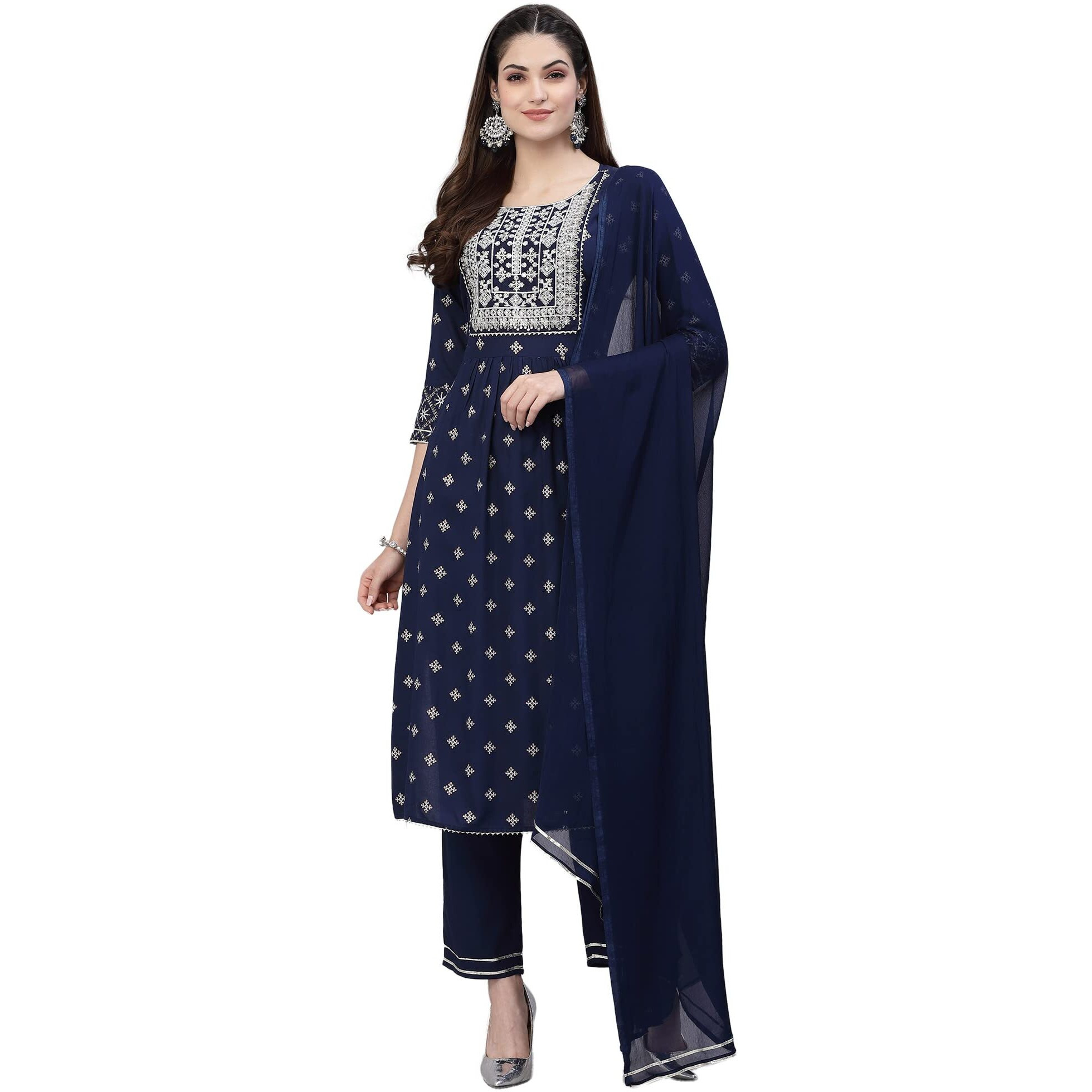 Stylum Women's Printed & Embroidered Rayon Straight Kurta Pant Dupatta Set (Kpdocean36_Navy Blue, S)