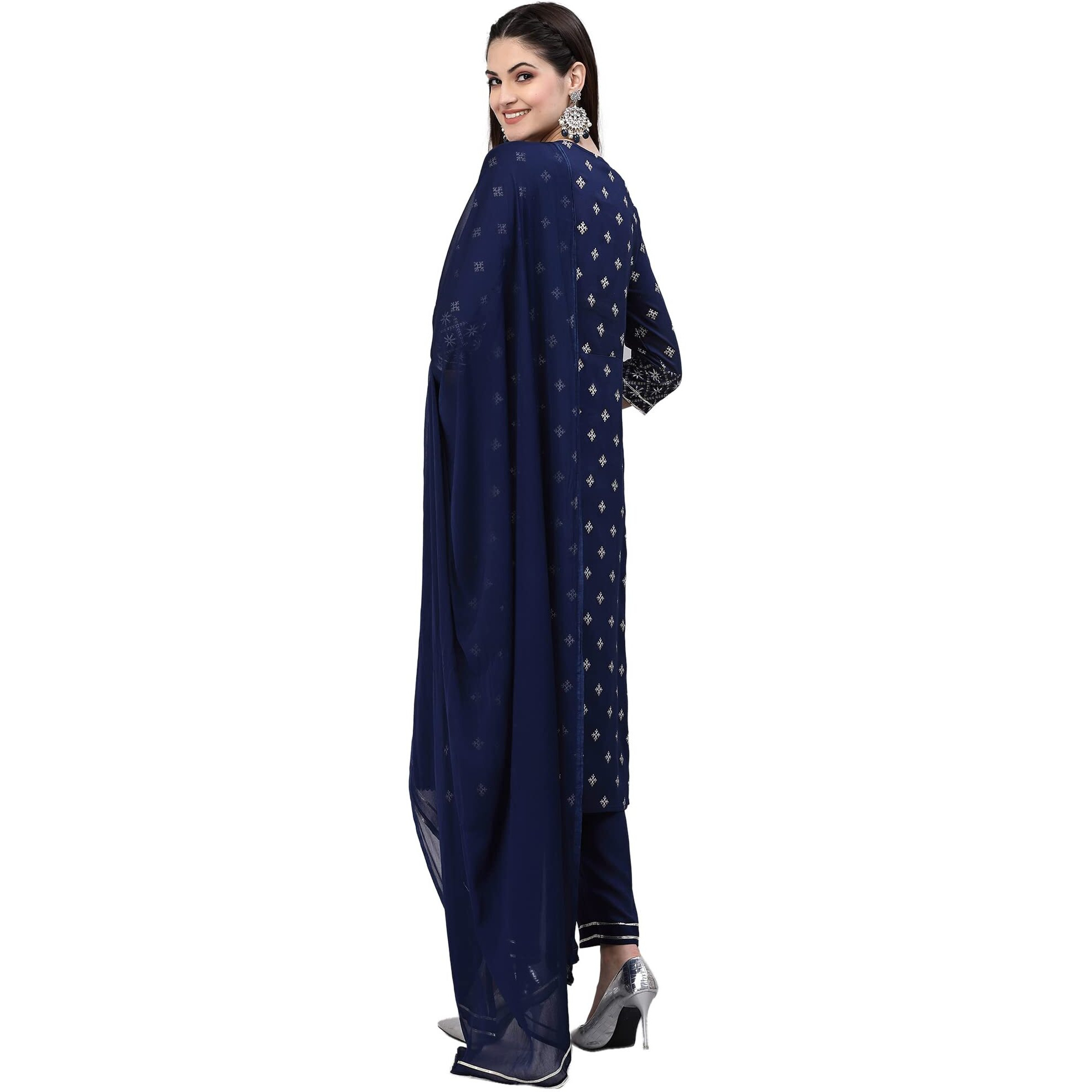 Stylum Women's Printed & Embroidered Rayon Straight Kurta Pant Dupatta Set (Kpdocean36_Navy Blue, S)