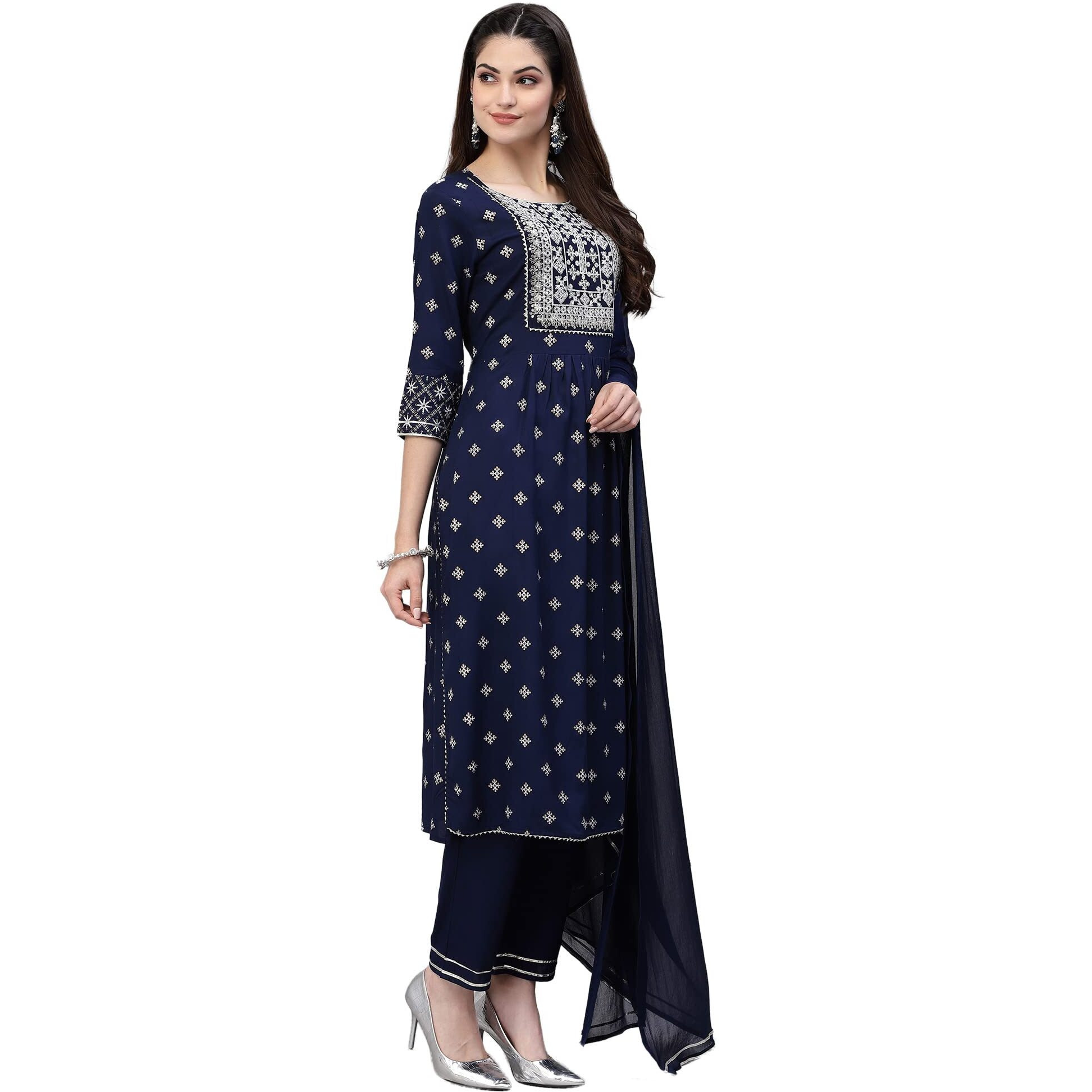 Stylum Women's Printed & Embroidered Rayon Straight Kurta Pant Dupatta Set (Kpdocean36_Navy Blue, S)
