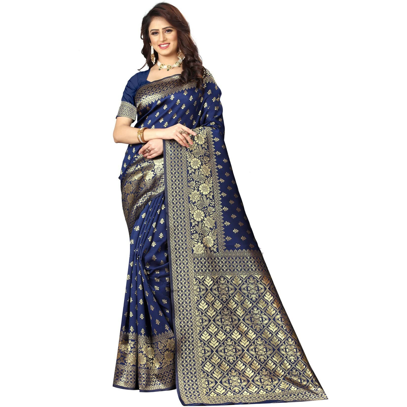 Sugathari Women's Art Silk Navy Blue Kanchipuram Saree (San Pari 73 N Blue)