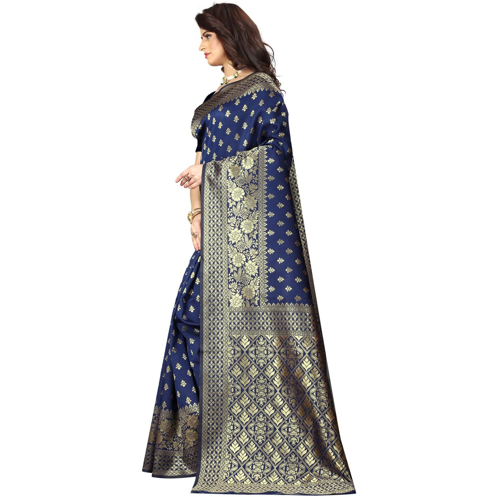 Sugathari Women's Art Silk Navy Blue Kanchipuram Saree (San Pari 73 N Blue)
