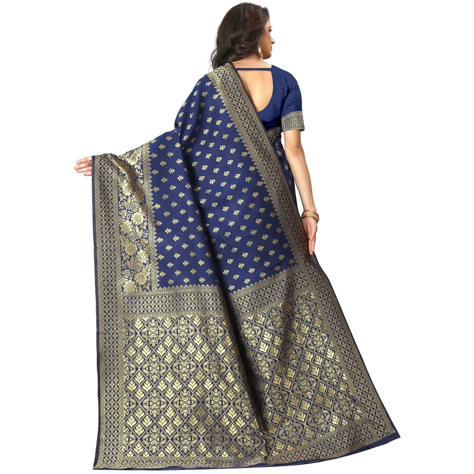 Sugathari Women's Art Silk Navy Blue Kanchipuram Saree (San Pari 73 N Blue)