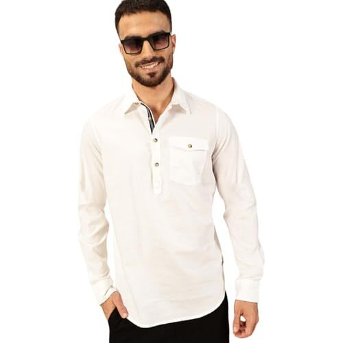 Thomas Scott Men Solid Cotton Linen Kurta Shirt (Ts1531_White, 2Xl)