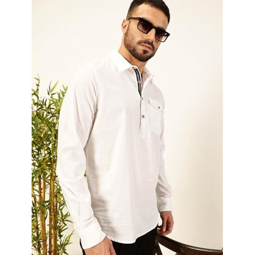 Thomas Scott Men Solid Cotton Linen Kurta Shirt (Ts1531_White, 2Xl)