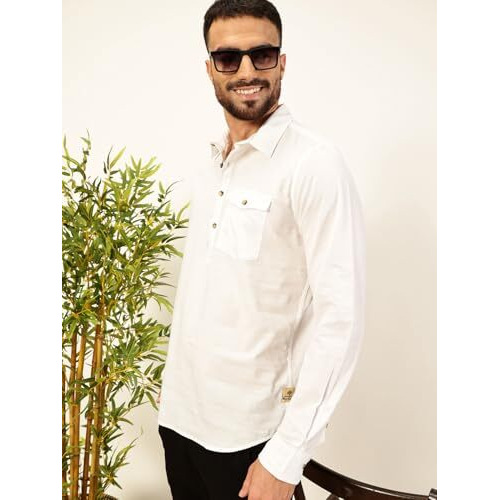 Thomas Scott Men Solid Cotton Linen Kurta Shirt (Ts1531_White, 2Xl)