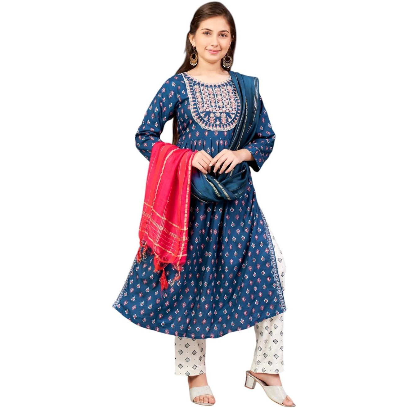 Aarika Girls Ethnic Wear Teal Blue-White Colour Floral Print Rayon Kurti Pant Set-8-15 Years (Kp-Sd-5869)