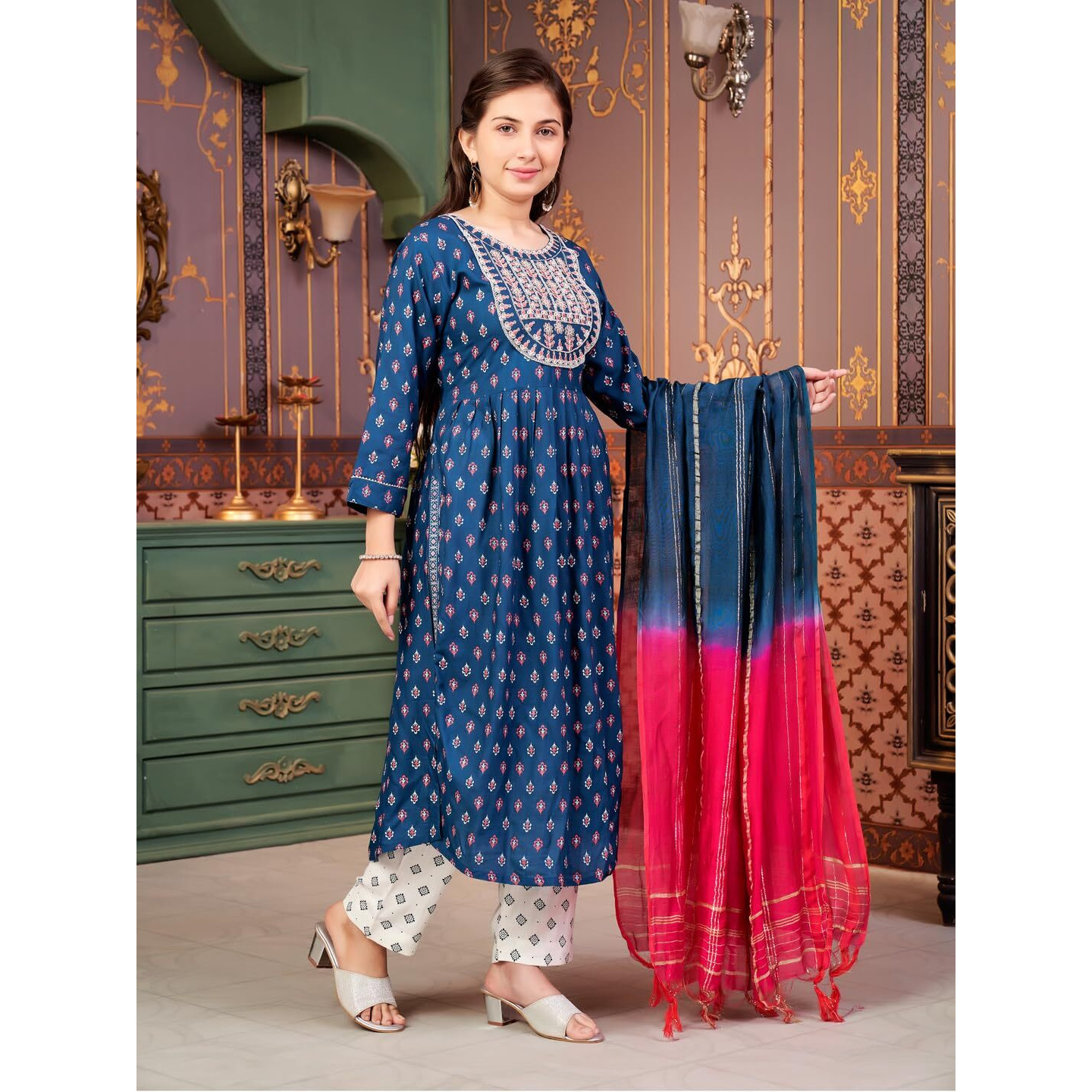 Aarika Girls Ethnic Wear Teal Blue-White Colour Floral Print Rayon Kurti Pant Set-8-15 Years (Kp-Sd-5869)