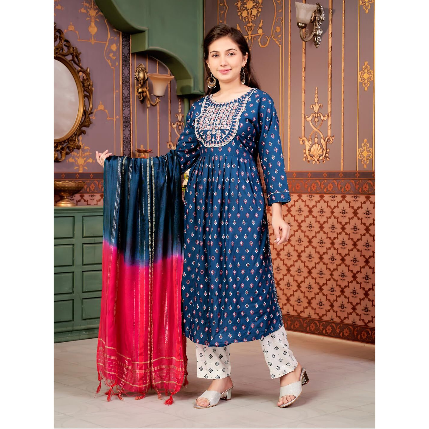 Aarika Girls Ethnic Wear Teal Blue-White Colour Floral Print Rayon Kurti Pant Set-8-15 Years (Kp-Sd-5869)