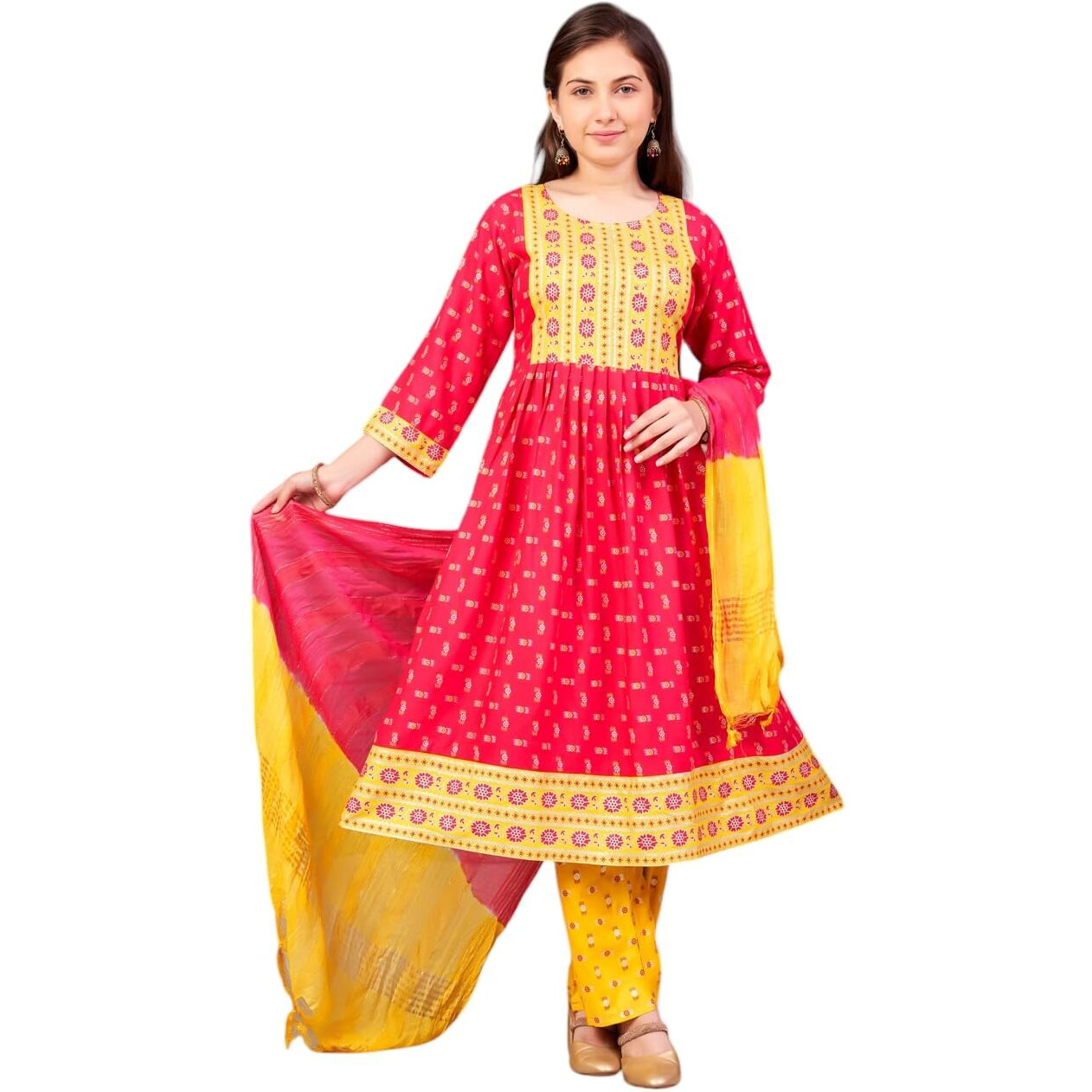Aarika Girls Ethnic Wear Rani-Yellow Colour Foil Print Rayon Kurti-8-15 Years (Kurti-Ap-803)