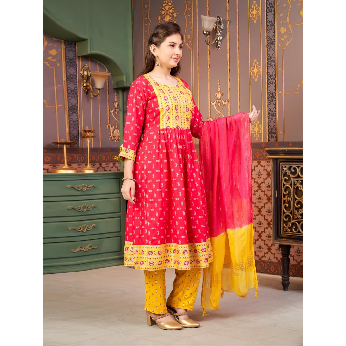 Aarika Girls Ethnic Wear Rani-Yellow Colour Foil Print Rayon Kurti-8-15 Years (Kurti-Ap-803)