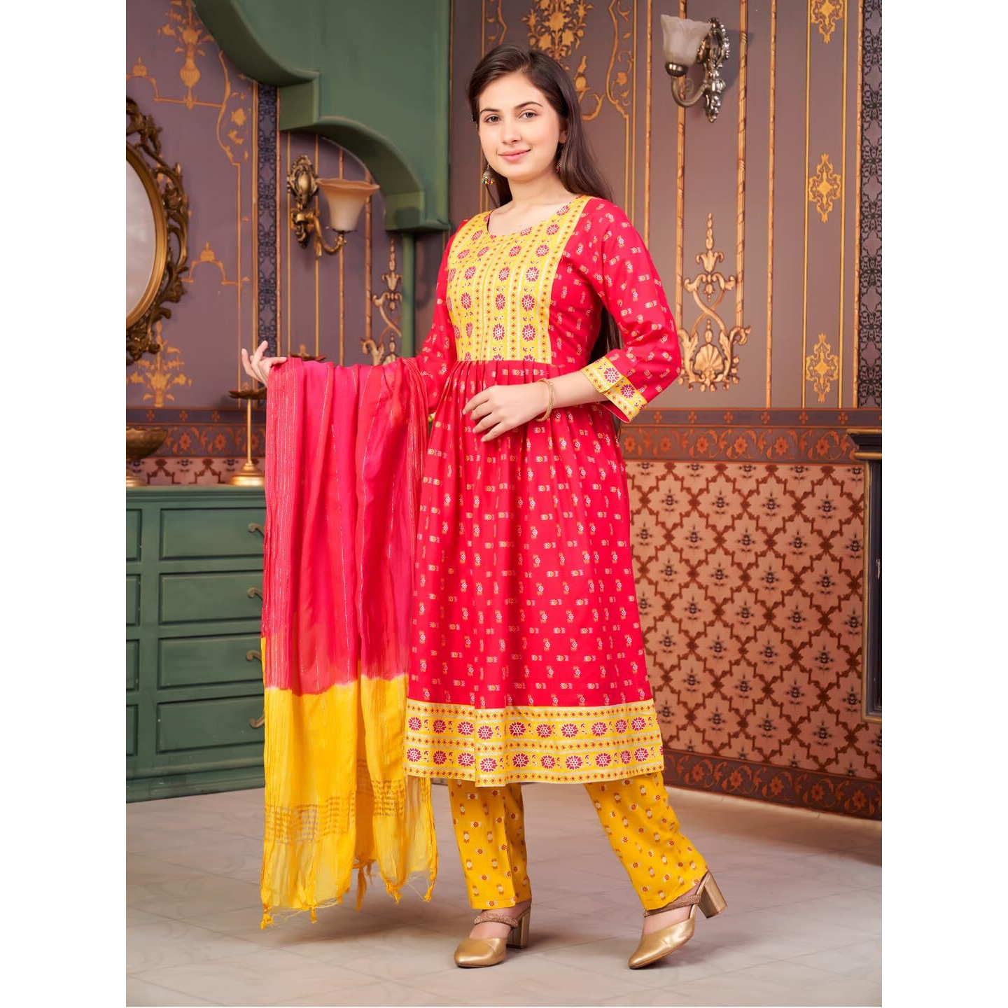 Aarika Girls Ethnic Wear Rani-Yellow Colour Foil Print Rayon Kurti-8-15 Years (Kurti-Ap-803)