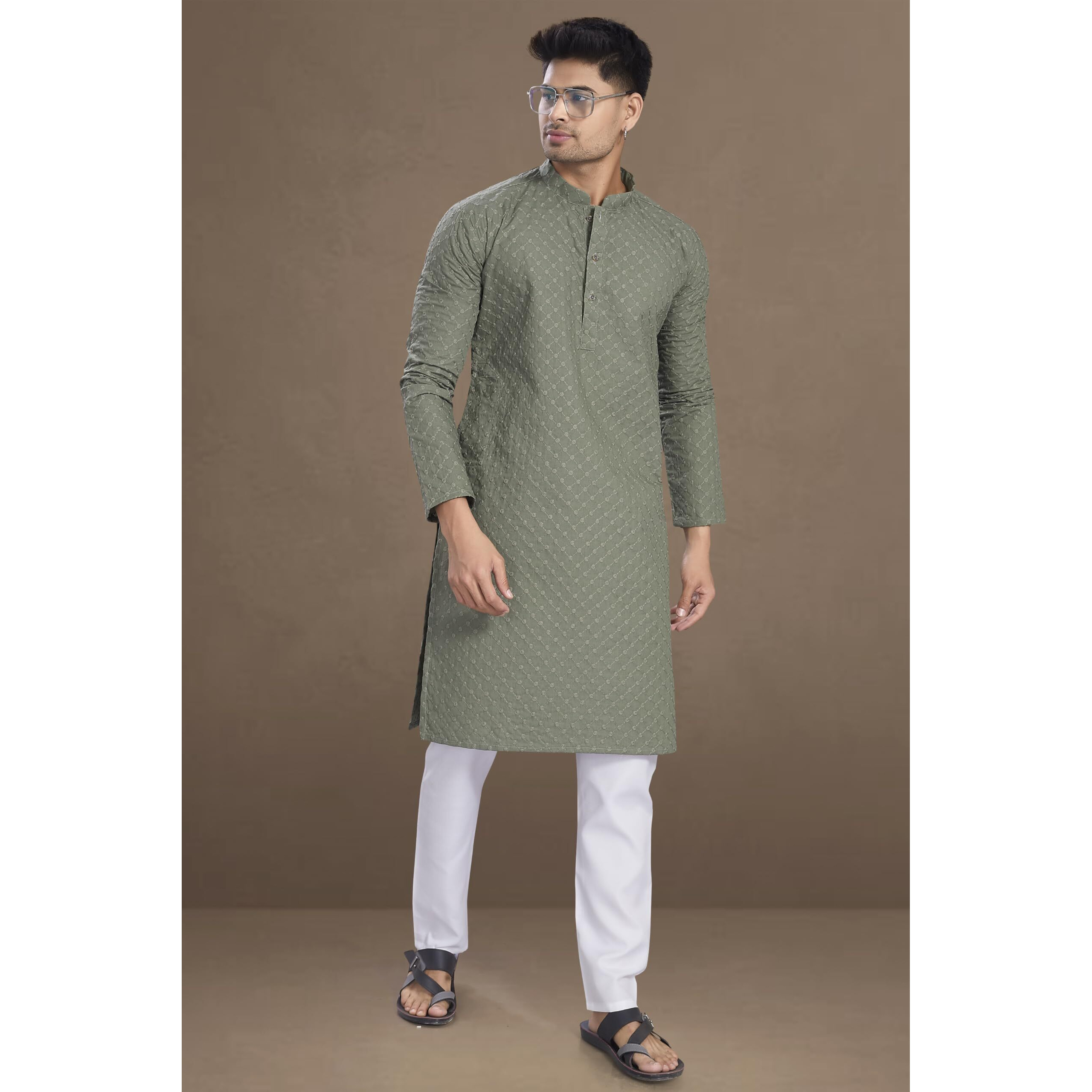 Divisive Men's Thread Embroidered Cotton Only Slim Fit Kurta (Dkrt1072_M_Olive)