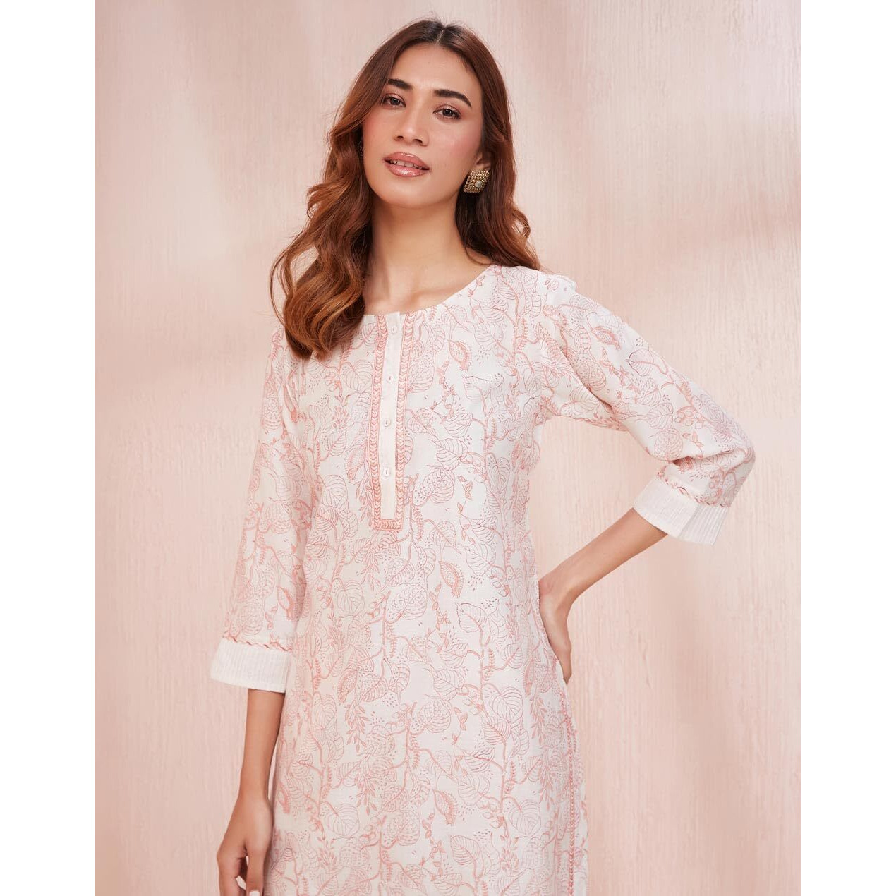 Fabindia Women's Cotton Silk Printed Regular Kurta (1037288Natural- Off White-Pink