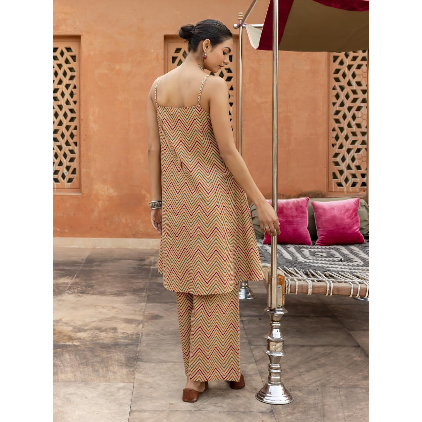 Fiorra Women's Beige Printed Cotton A-Line Kurta Set Set0188