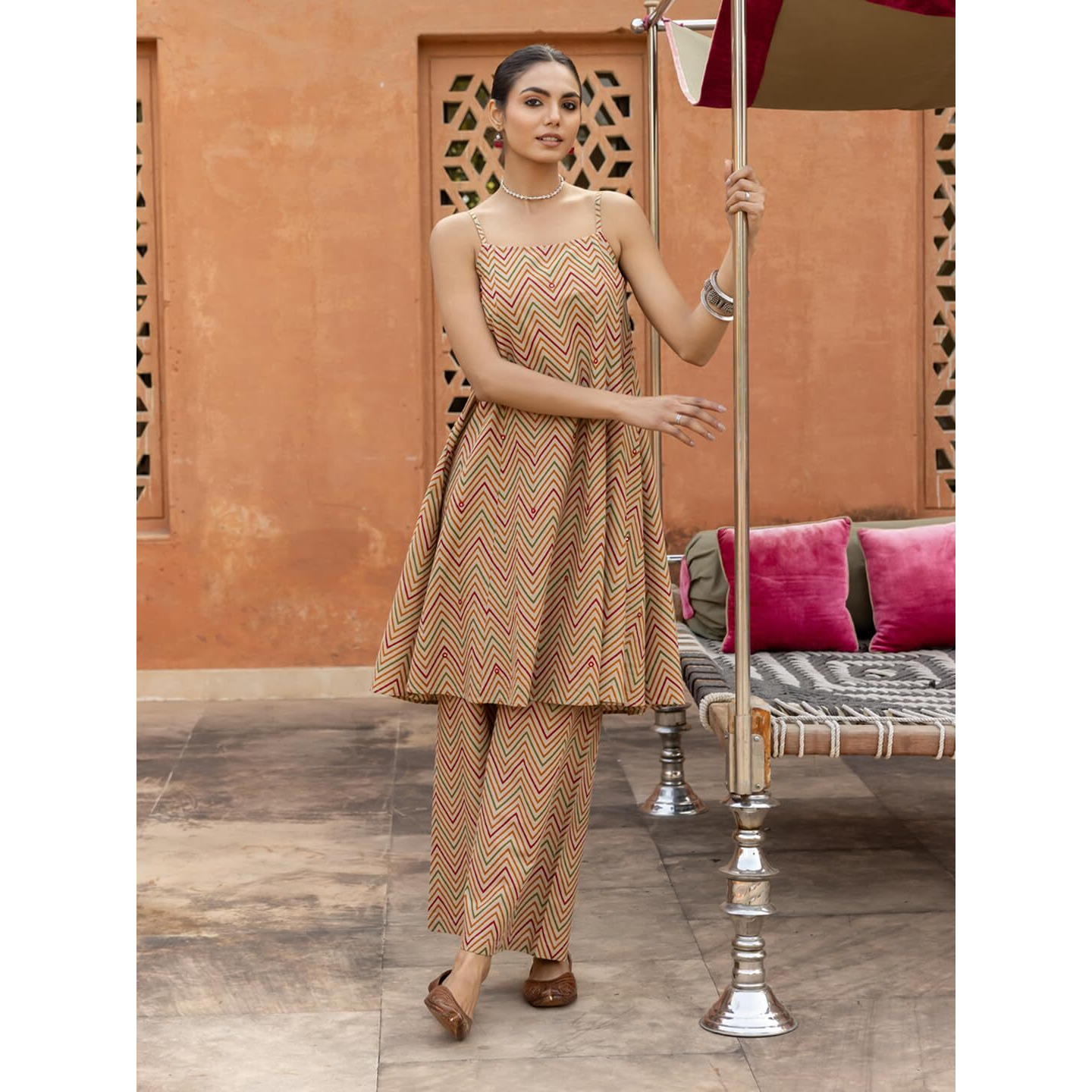 Fiorra Women's Beige Printed Cotton A-Line Kurta Set Set0188