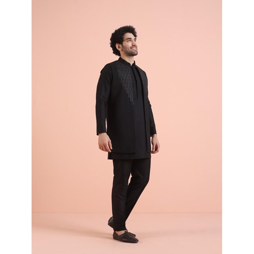 Kisah Men Black Embellished Kurta Jacket Trouser Set With Beads And Stones, 38