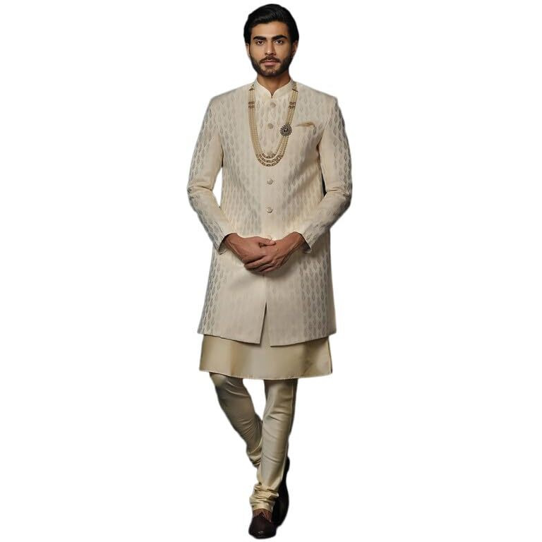 Kisah Men's Kurta Sherwani Churidar Set Indo-Western, Cream Cotton Blend, Self Design Long Sleeves Regular Fit Mandarin Collar, 36