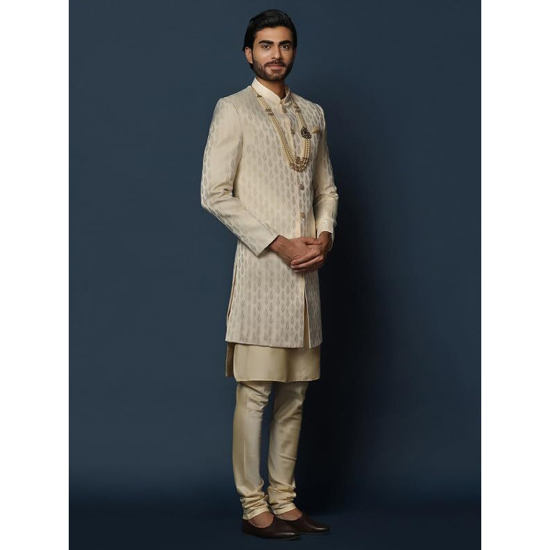 Kisah Men's Kurta Sherwani Churidar Set Indo-Western, Cream Cotton Blend, Self Design Long Sleeves Regular Fit Mandarin Collar, 36