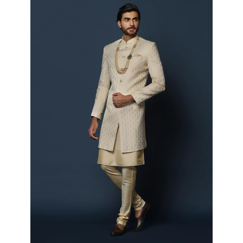 Kisah Men's Kurta Sherwani Churidar Set Indo-Western, Cream Cotton Blend, Self Design Long Sleeves Regular Fit Mandarin Collar, 36