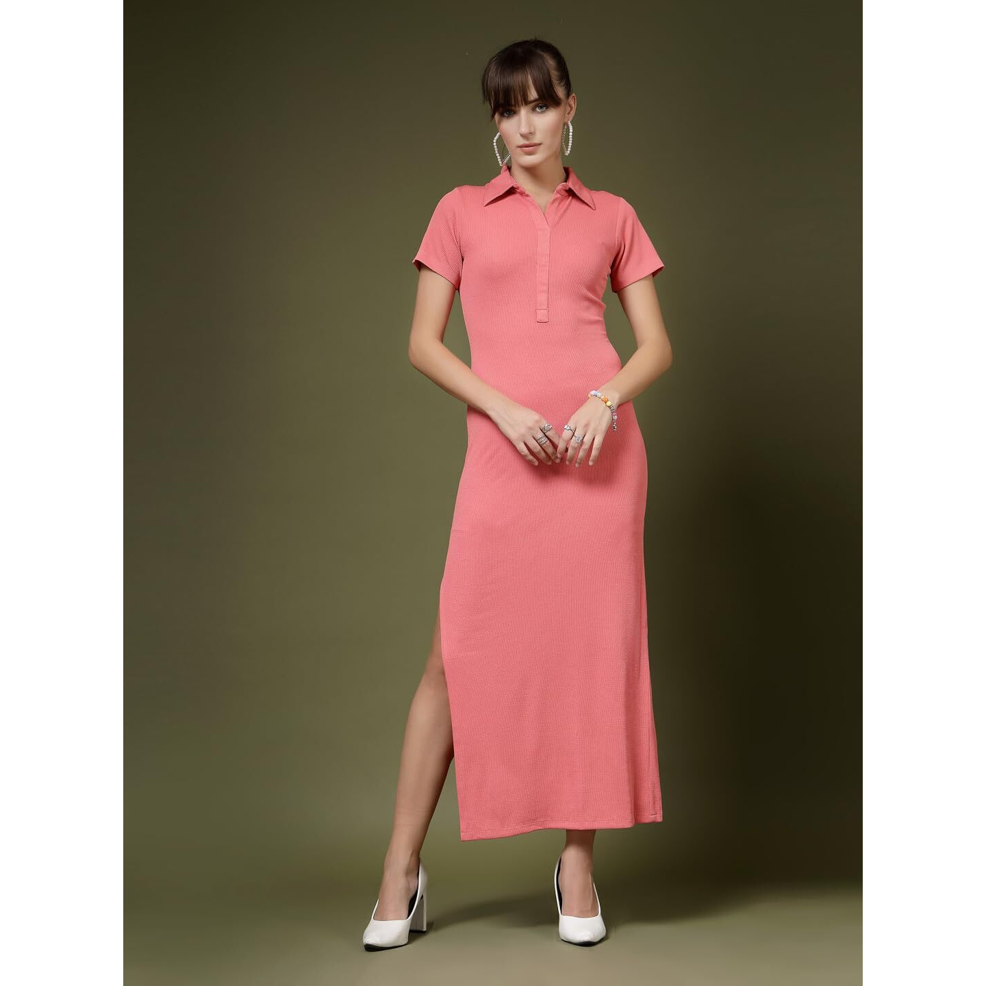 Oomph Women's Western & Fusion Wear Stretchable Ribbed Lycra Shirt Dress For Women, Bodycon, Pink - Md1010