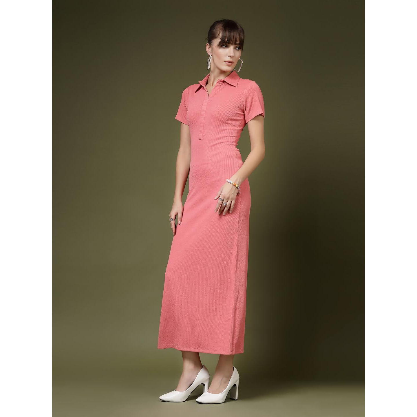 Oomph Women's Western & Fusion Wear Stretchable Ribbed Lycra Shirt Dress For Women, Bodycon, Pink - Md1010