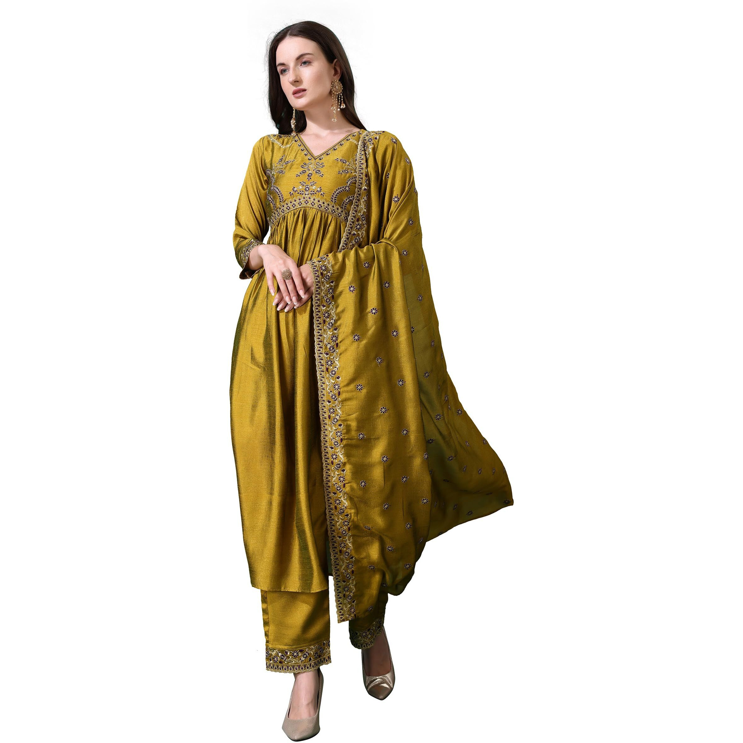 Pratham Blue Women's Silk Embroidered Anarkali Kurta Palazzos With Dupatta |Kurta Set For Women |Women Kurta |Women Embroidered Kurta Sets Kurtis (Bkp-1010-Xl_Yellow)