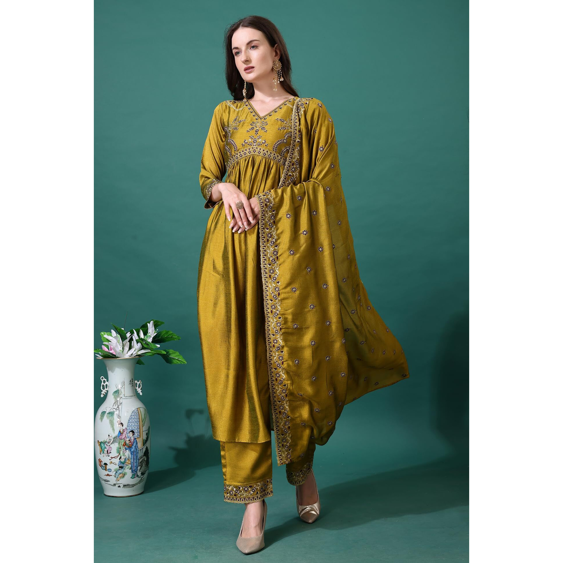 Pratham Blue Women's Silk Embroidered Anarkali Kurta Palazzos With Dupatta |Kurta Set For Women |Women Kurta |Women Embroidered Kurta Sets Kurtis (Bkp-1010-Xl_Yellow)