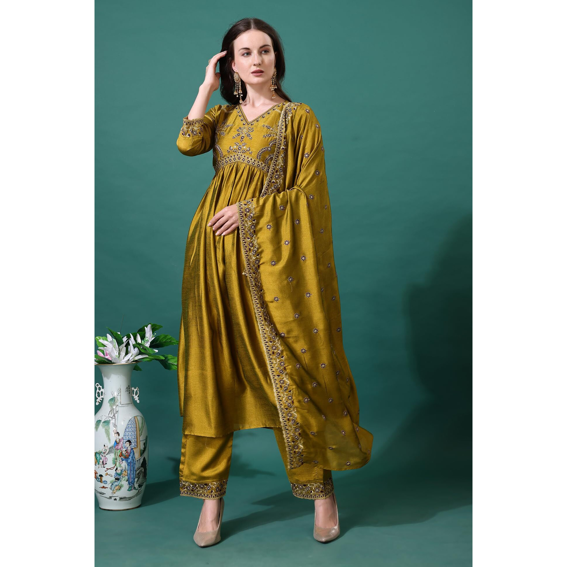 Pratham Blue Women's Silk Embroidered Anarkali Kurta Palazzos With Dupatta |Kurta Set For Women |Women Kurta |Women Embroidered Kurta Sets Kurtis (Bkp-1010-Xl_Yellow)