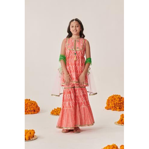 Pspeaches Girl's Cotton Sharara Set (Sha-Peachwtstripe-14-15Y_Peach