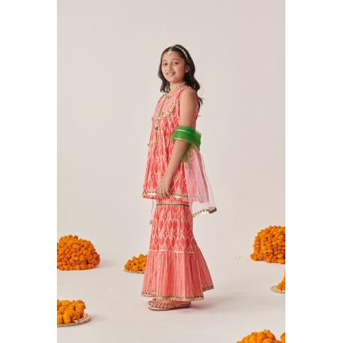 Pspeaches Girl's Cotton Sharara Set (Sha-Peachwtstripe-14-15Y_Peach