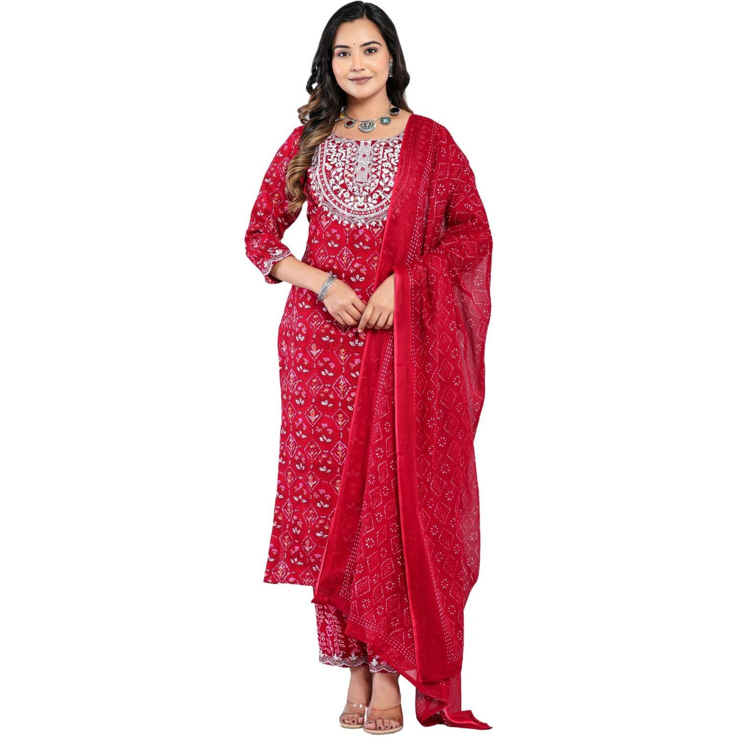Rytras Women's Embroidered Straight Kurta Set With Palazzo Pants & Dupatta- Ethnic Wear, Maroon(Ryt607-New,M)