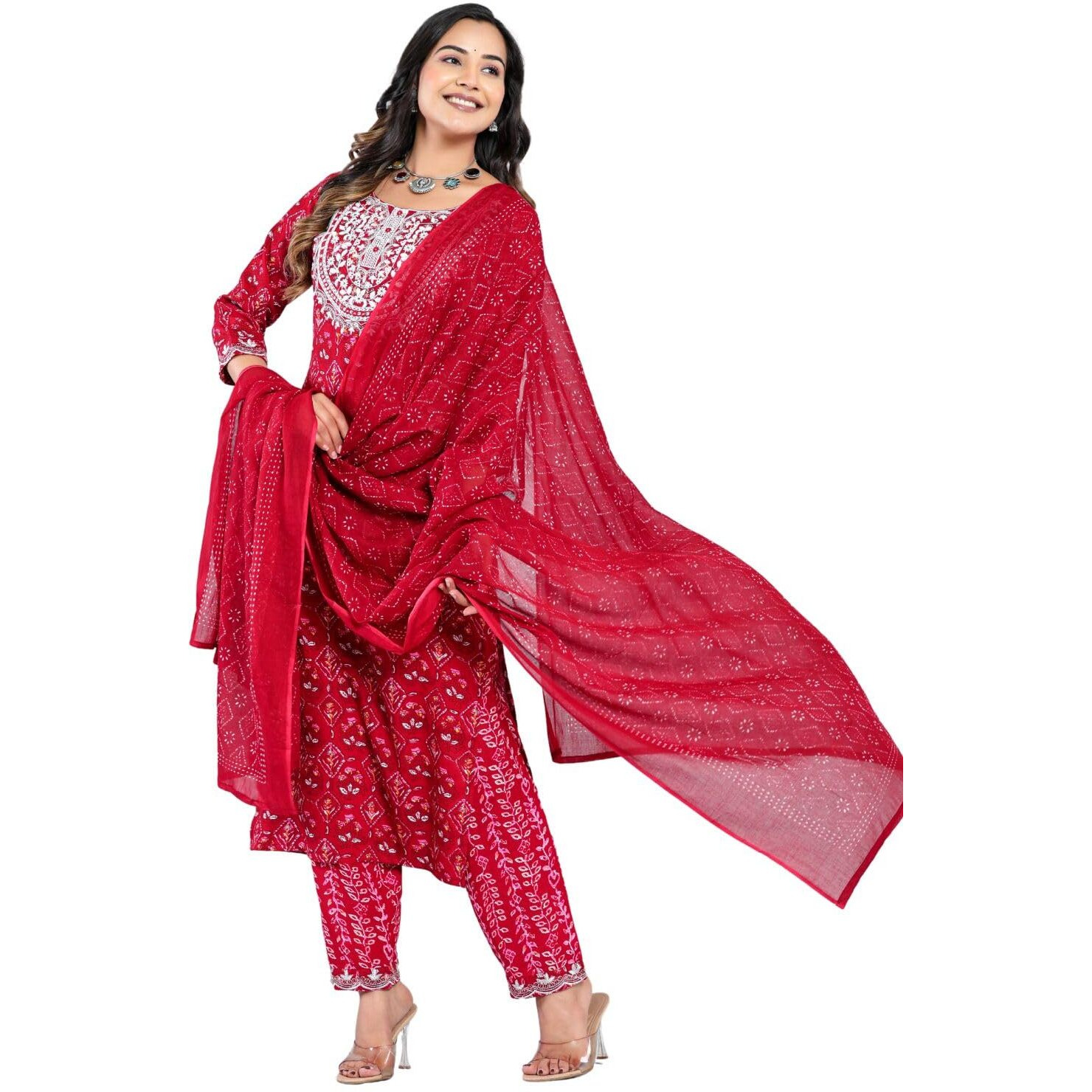 Rytras Women's Embroidered Straight Kurta Set With Palazzo Pants & Dupatta- Ethnic Wear, Maroon(Ryt607-New,M)
