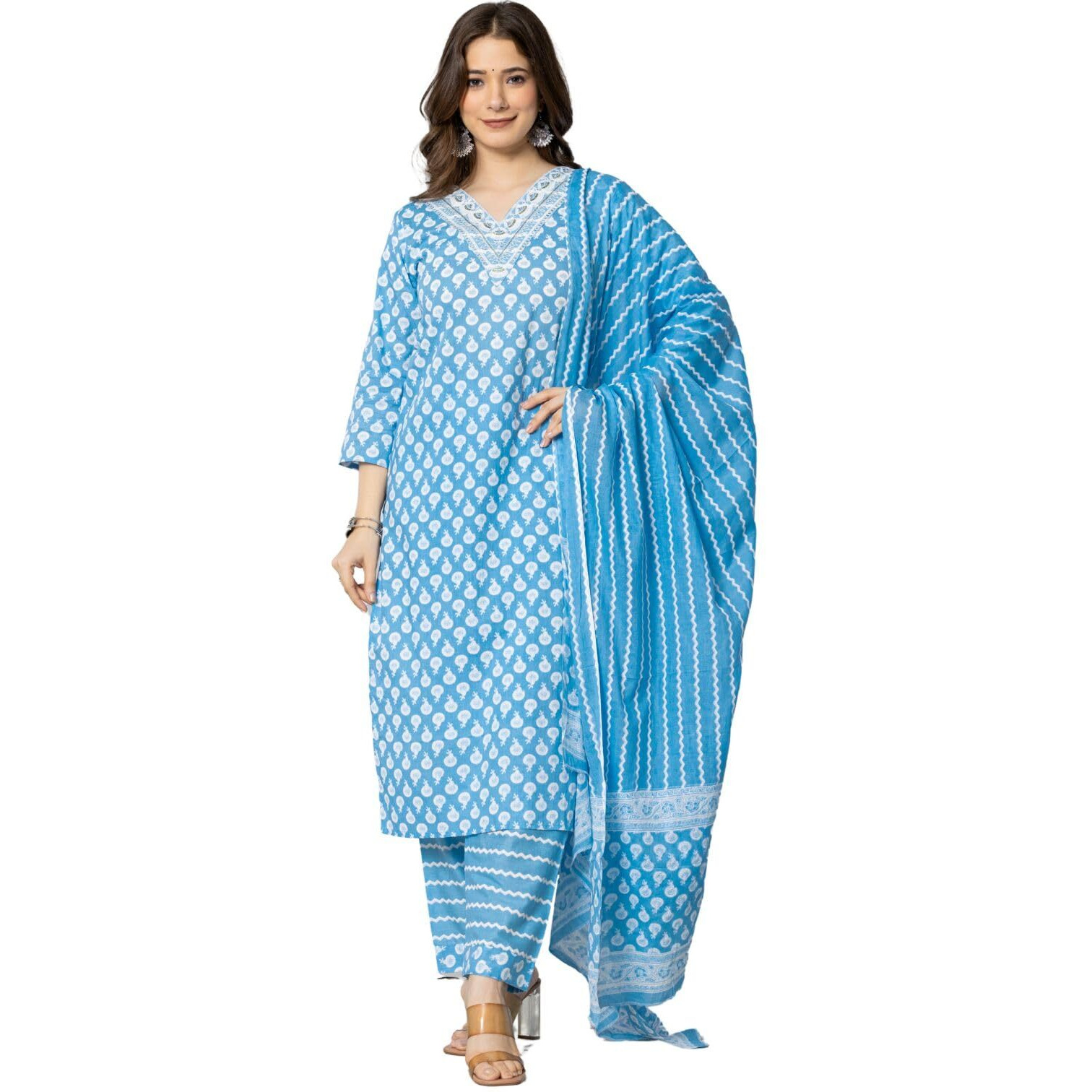 Rytras Women's Pure Cotton Printed Straight Kurta Set With Palazzo Pants & Dupatta- Ethnic Wear, Blue(Ryt586-New,S)
