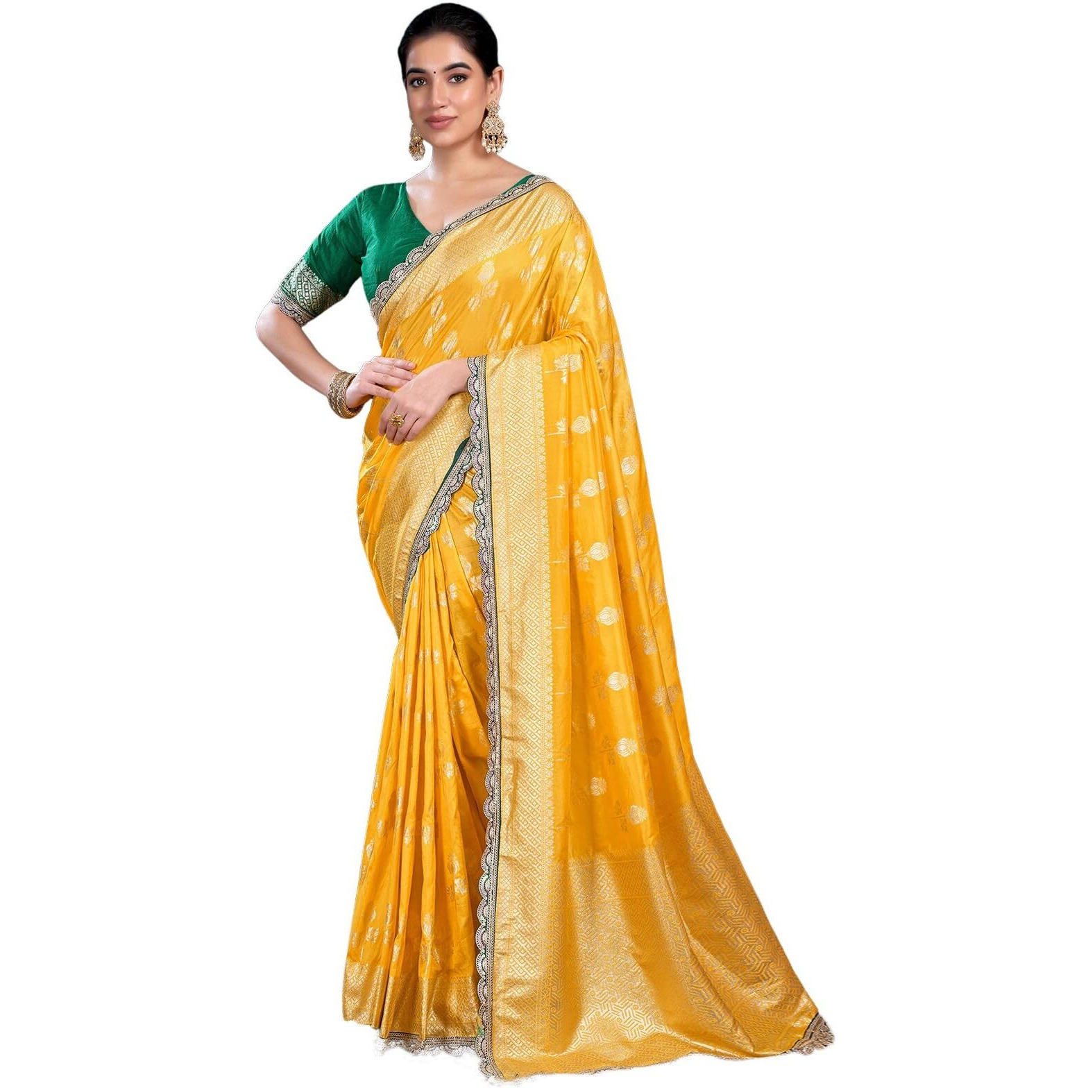 Satrani Women's Banarasi Silk Weaving Saree With Unstitched Blouse Piece (4231S402N_Yellow)