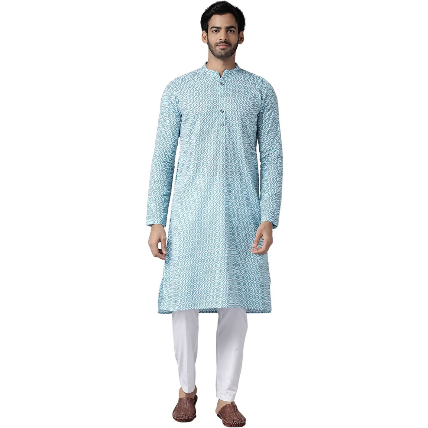 See Designs Men Blue-Coloured & White Printed Pure Cotton Straight Kurta With Pyjama