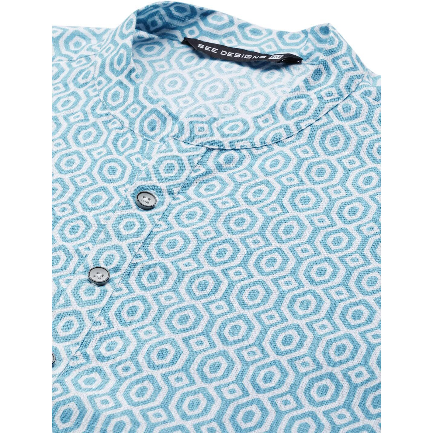 See Designs Men Blue-Coloured & White Printed Pure Cotton Straight Kurta With Pyjama