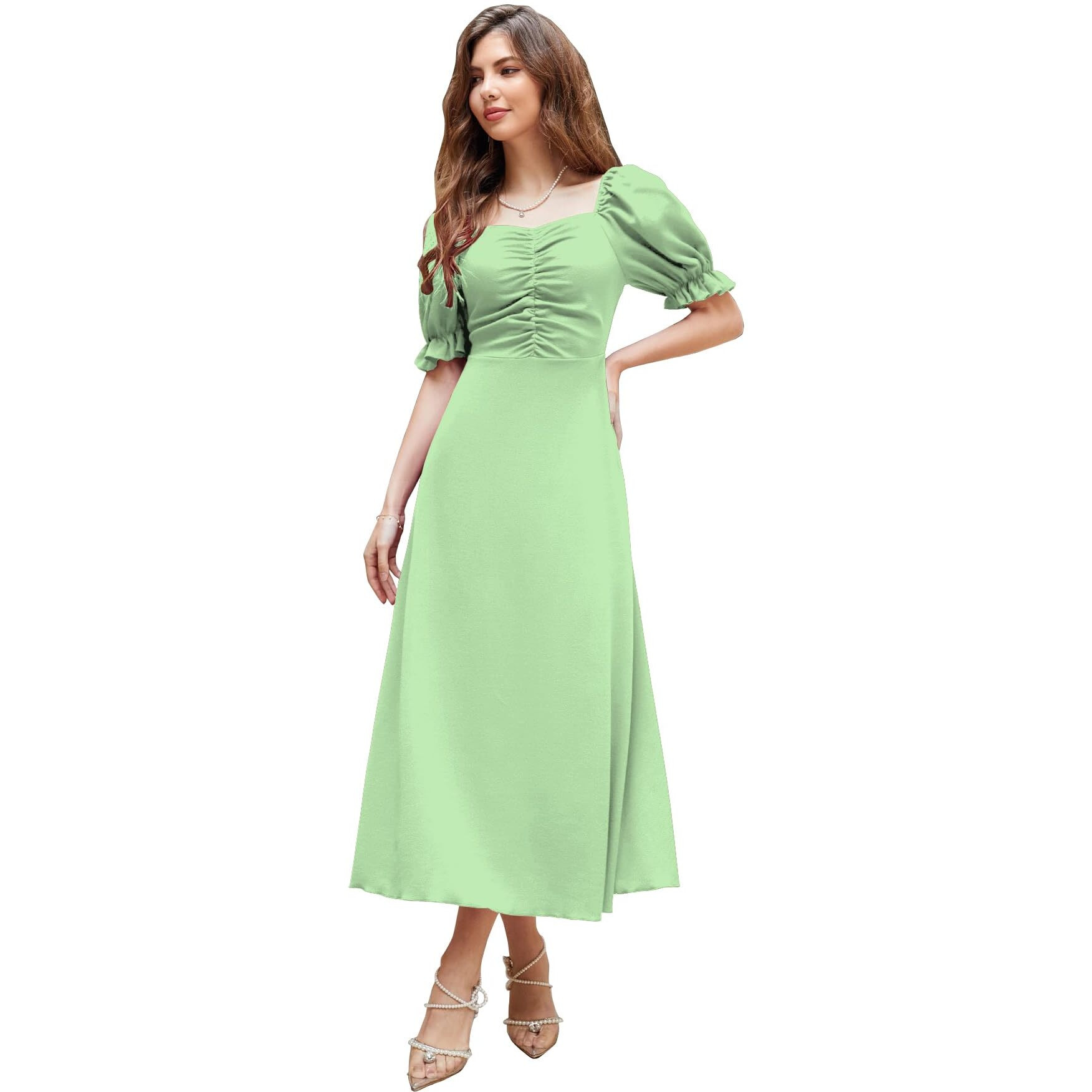 Shasmi Girl's & Women's Solid Pista A-Line Ruched Puff Sleeve Maxi Long Evening One Piece Long Dress For Women Stylish (Dress 131 Pista-M)