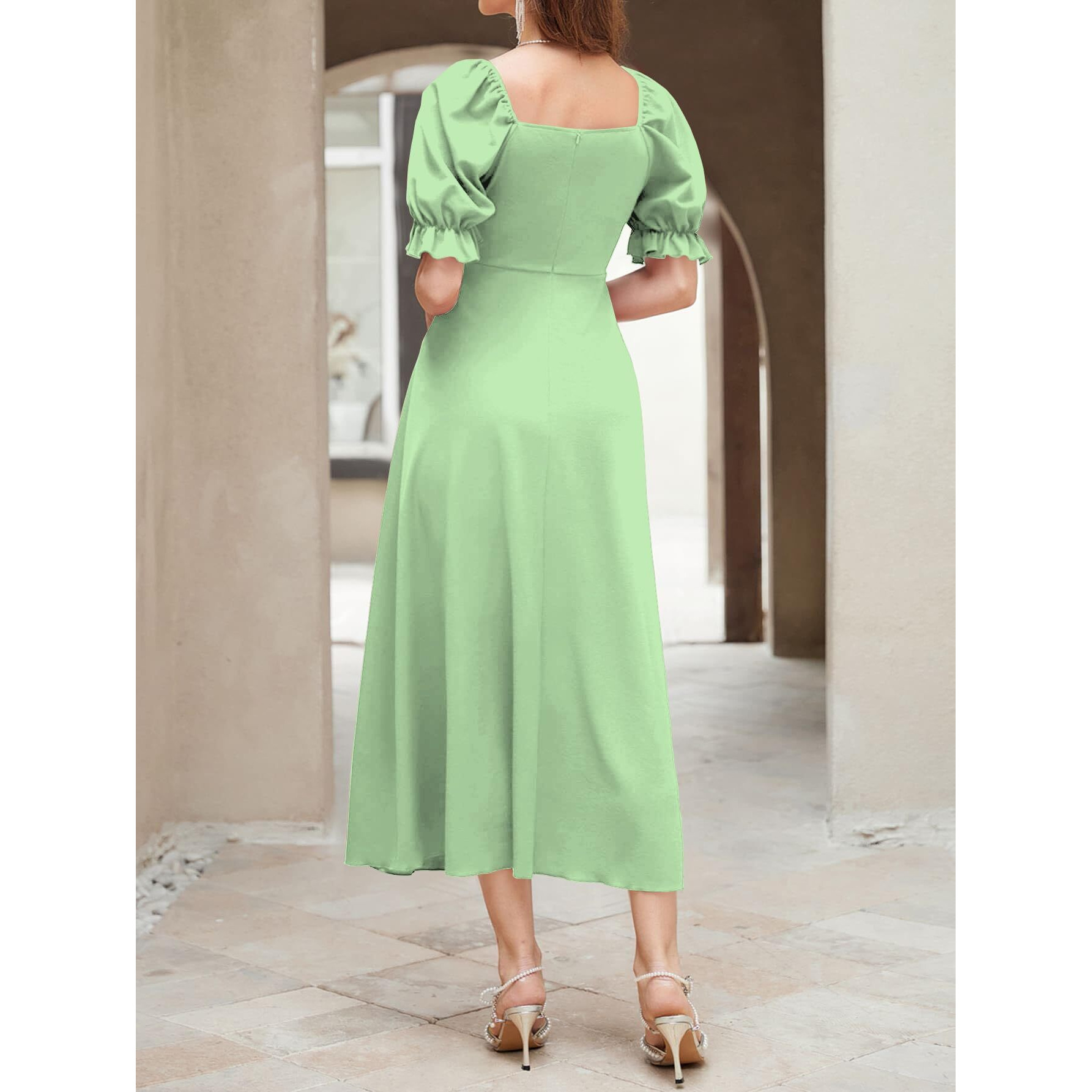 Shasmi Girl's & Women's Solid Pista A-Line Ruched Puff Sleeve Maxi Long Evening One Piece Long Dress For Women Stylish (Dress 131 Pista-M)