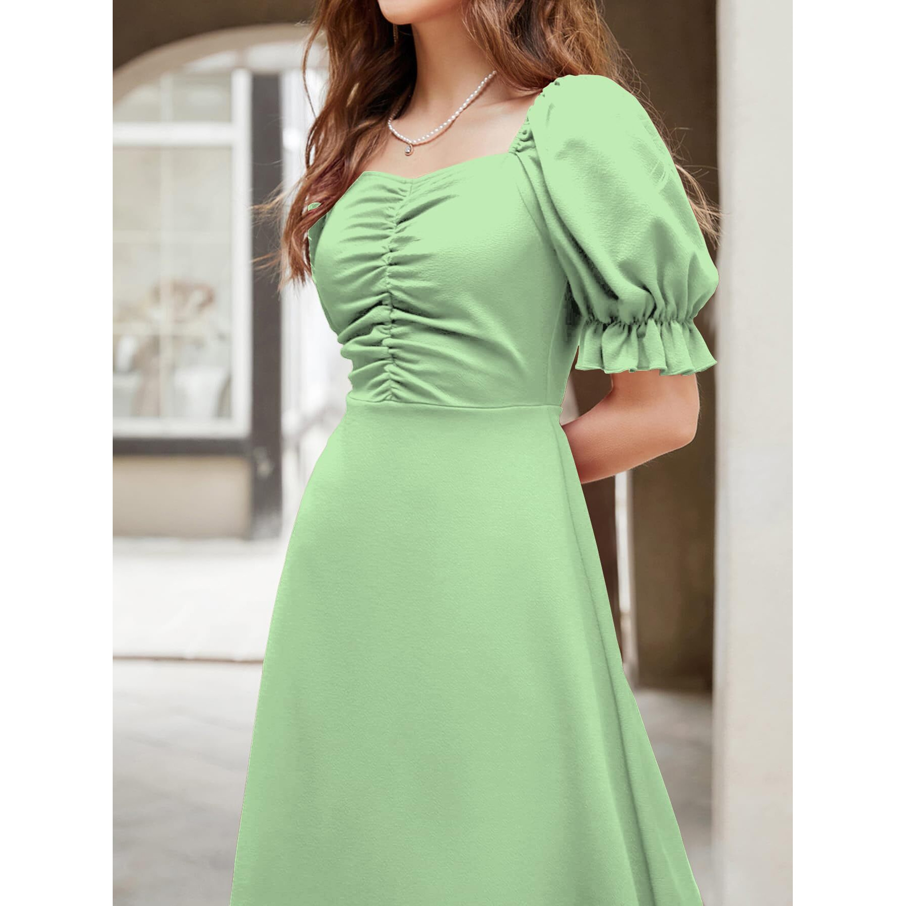 Shasmi Girl's & Women's Solid Pista A-Line Ruched Puff Sleeve Maxi Long Evening One Piece Long Dress For Women Stylish (Dress 131 Pista-M)
