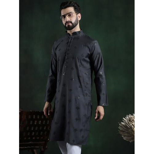 Sojanya (Since 1958 Men's Cotton Silk Sequinned Neck Embroidered Dark Grey Long Kurta