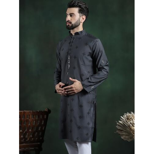 Sojanya (Since 1958 Men's Cotton Silk Sequinned Neck Embroidered Dark Grey Long Kurta