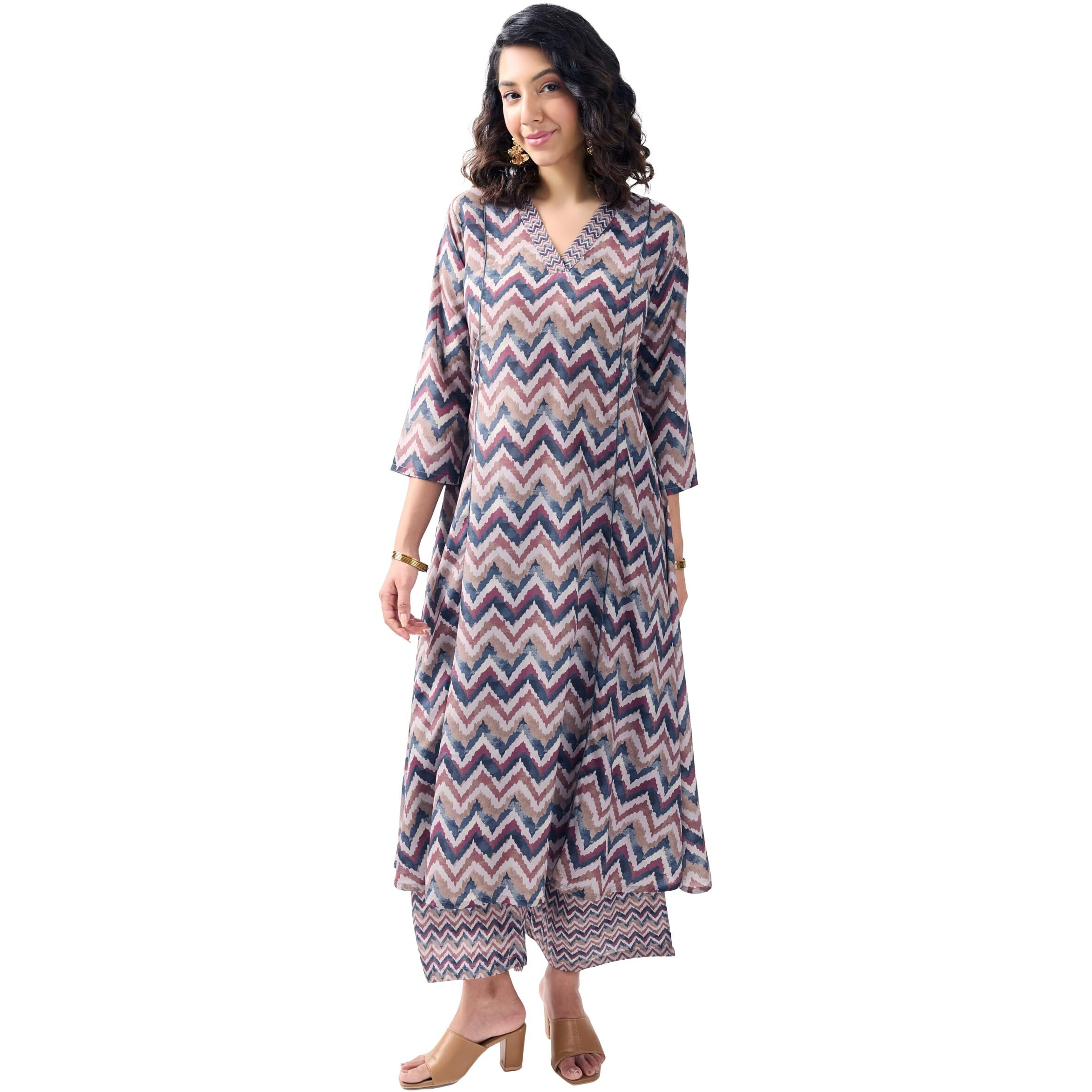 Toochki Women's Multicolor Zig-Zag Printed Rayon Stitched Salwar Suit Set | Salwar Suit For Women | Anarkali Salwar Suit | Cotton Salwar Suit | Ethnic Wear Salwar Suit