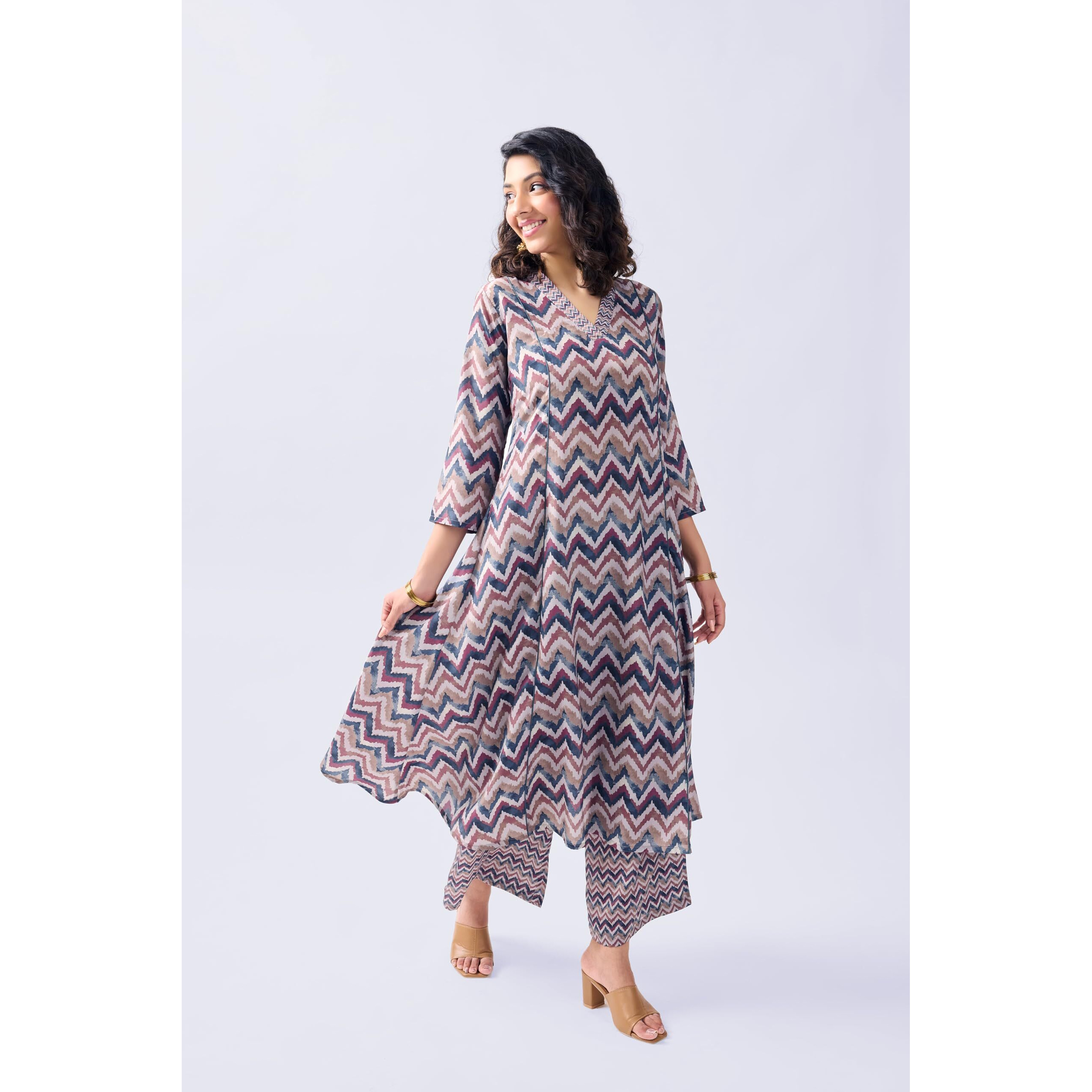 Toochki Women's Multicolor Zig-Zag Printed Rayon Stitched Salwar Suit Set | Salwar Suit For Women | Anarkali Salwar Suit | Cotton Salwar Suit | Ethnic Wear Salwar Suit