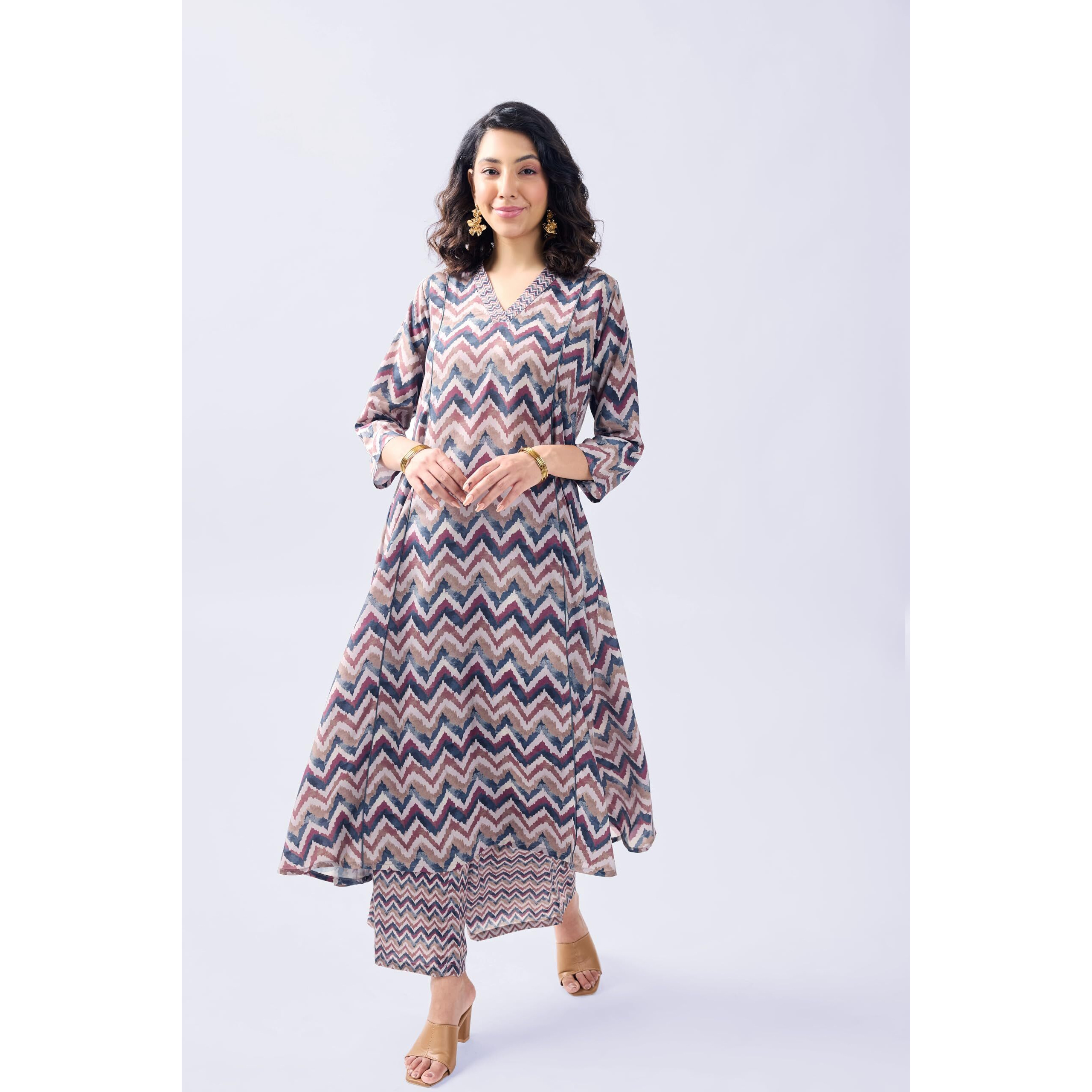 Toochki Women's Multicolor Zig-Zag Printed Rayon Stitched Salwar Suit Set | Salwar Suit For Women | Anarkali Salwar Suit | Cotton Salwar Suit | Ethnic Wear Salwar Suit