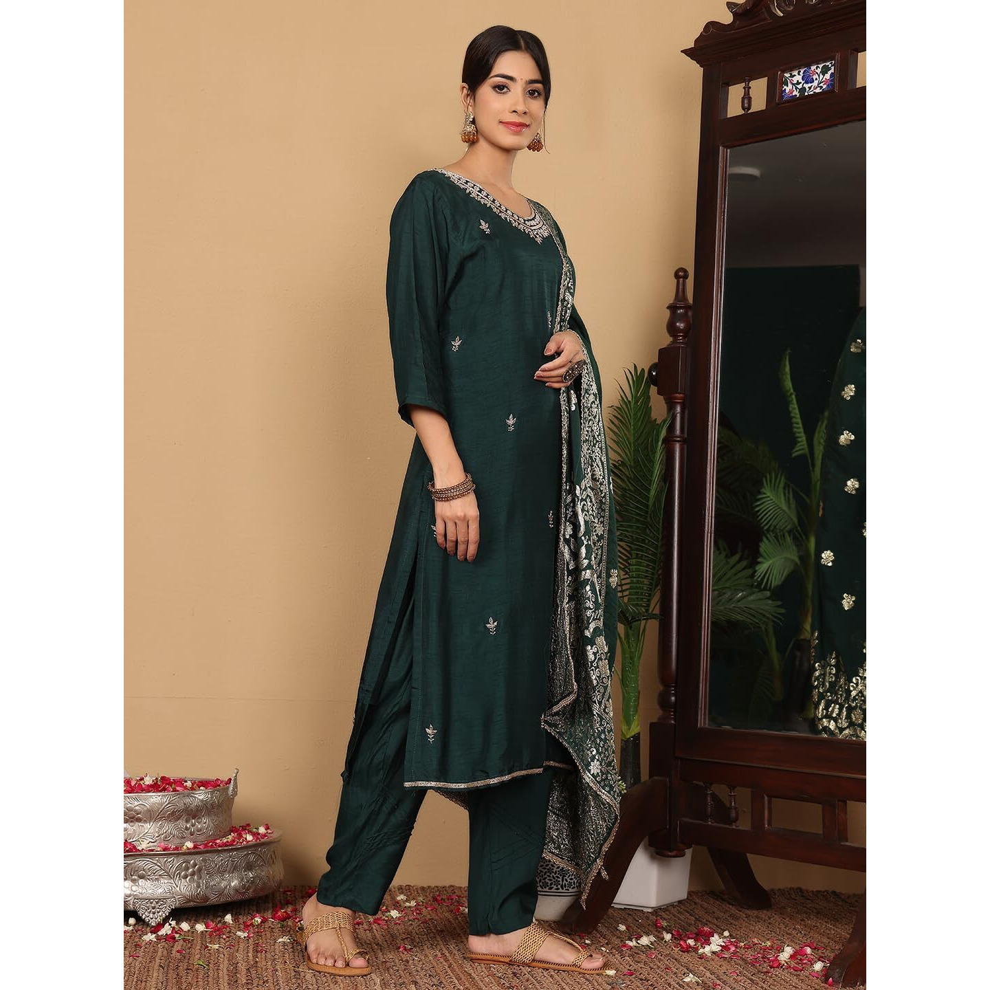 Varanga Women Pure Silk Round Neck Embroidered Kurta With Bottom And Dupatta