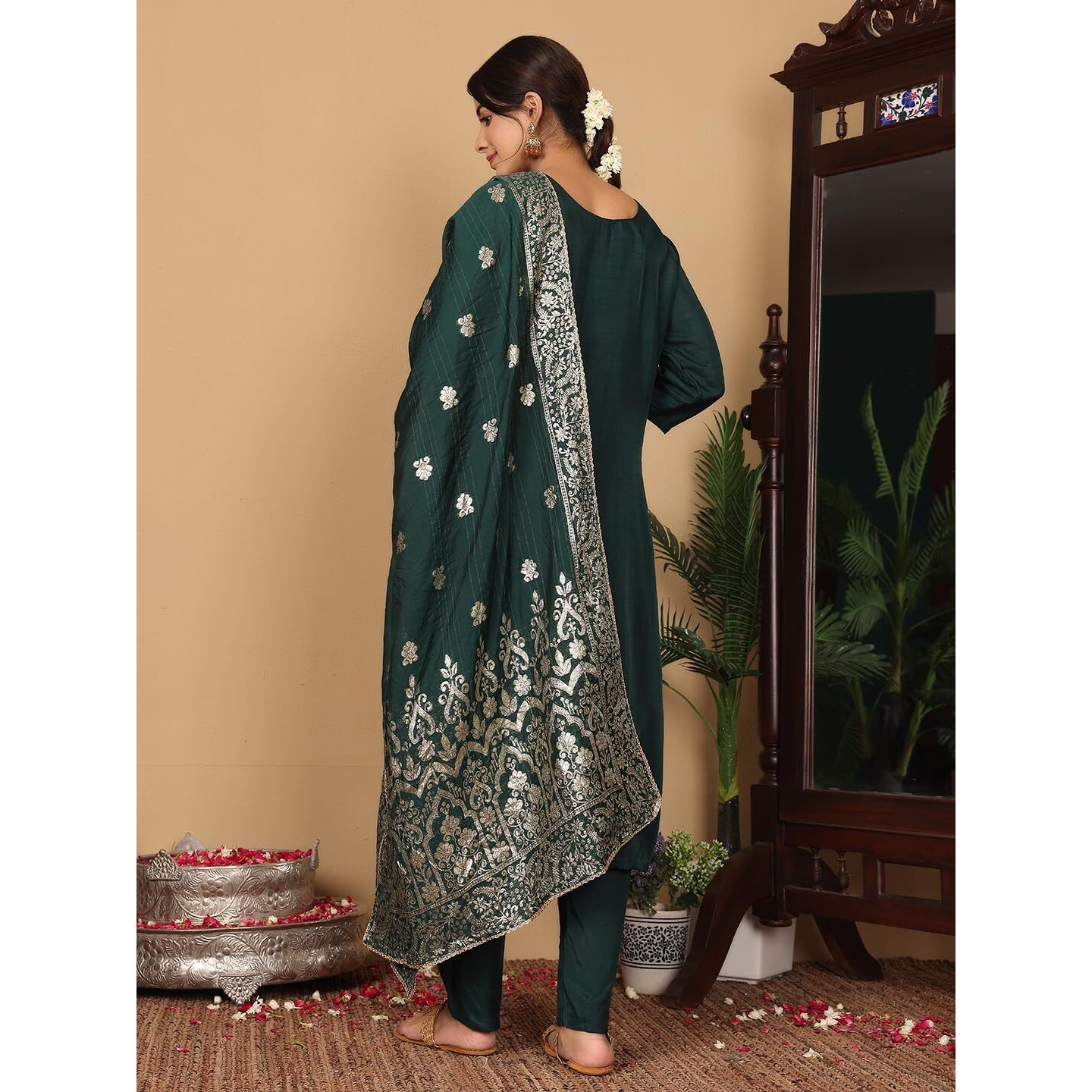 Varanga Women Pure Silk Round Neck Embroidered Kurta With Bottom And Dupatta