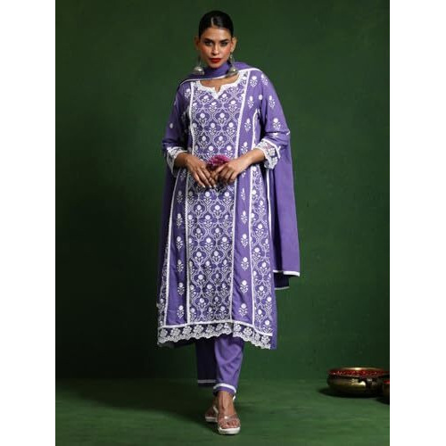 Varanga Ethnic Jall All Over Thread Embroidered Chikankari Kurta With Trouser & Dupatta