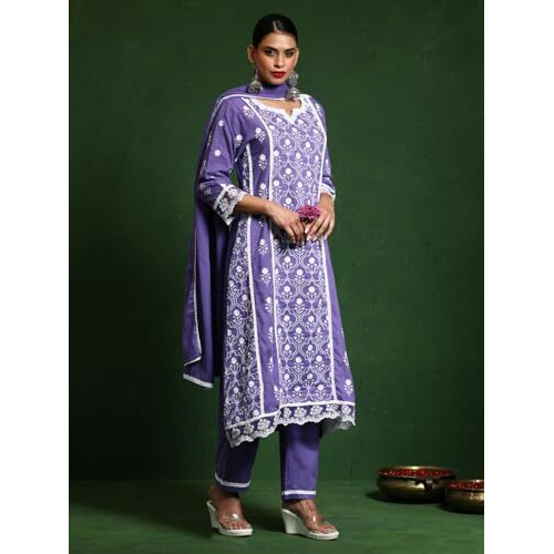 Varanga Ethnic Jall All Over Thread Embroidered Chikankari Kurta With Trouser & Dupatta
